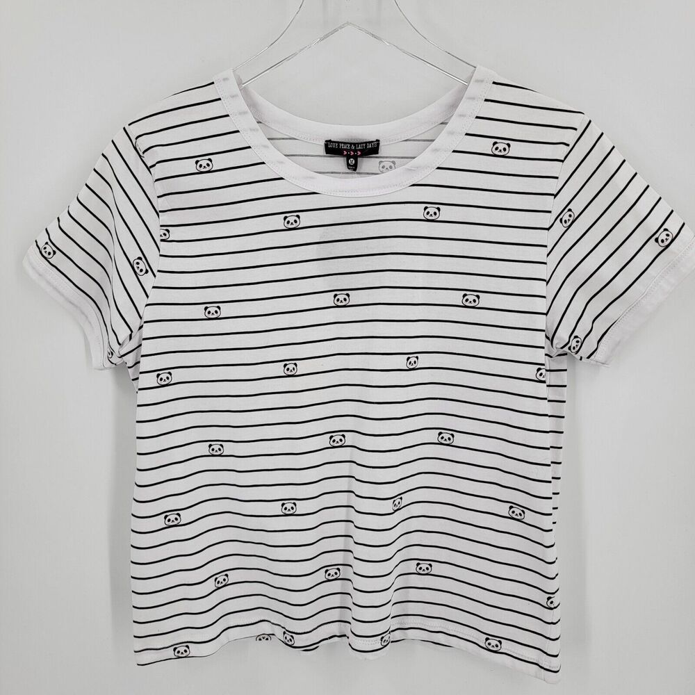 Love Peace and Lazy Days T Shirt Junior's Medium Pandas Stripes Crop Black White